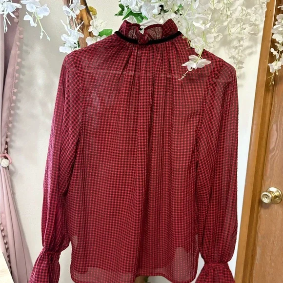 Ganni Red & Black Check Seersucker Tie Neck Shirt ♥️ - Picture 12 of 15